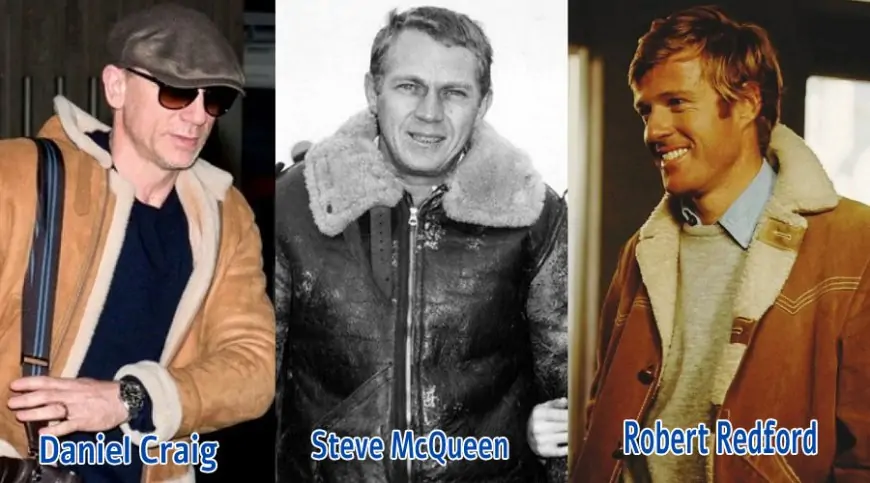 Daniel Craig, Steve McQueen, Robert Redford collage, wearing sheepskin coats