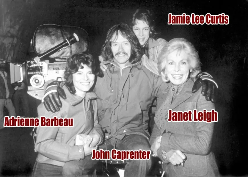 John Carpenter on the set of The Fog with several cast members