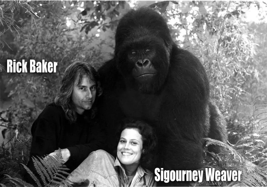 Rick Baker with Sigourney Weaver in front of mechanical gorilla