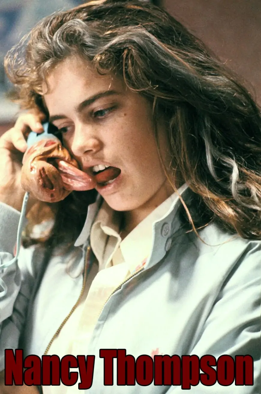 Nancy on the telephone with Freddy's tongue sticking out of it.